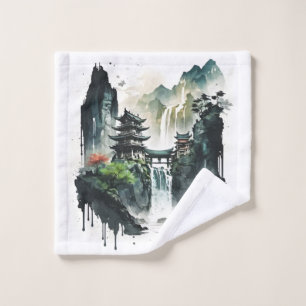 Ancient Chinese Ink Landscape with Waterfall Wash Cloth