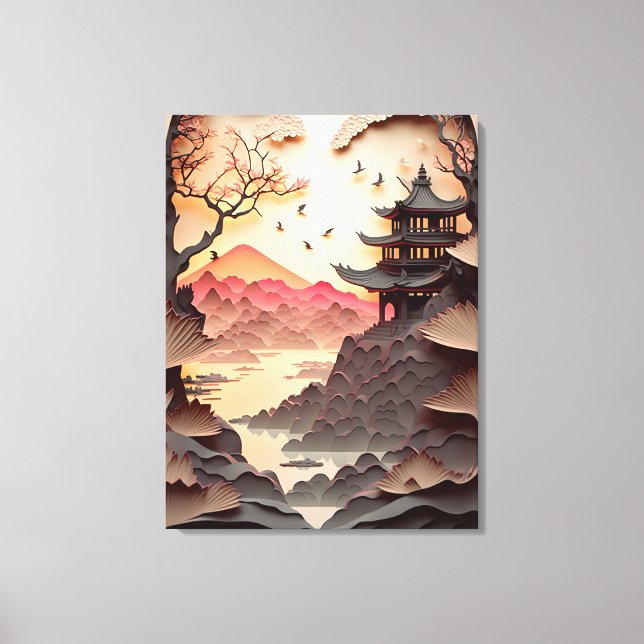 Ancient Chinese Scene Paper Cut Brown Canvas Print (Front)