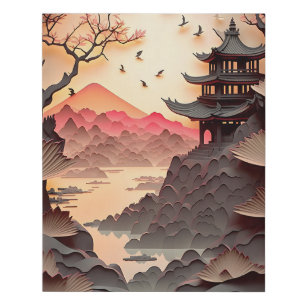 Ancient Chinese Scene Paper Cut Brown Faux Canvas Print