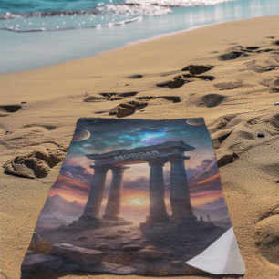 Ancient Cosmic Temple – Fantasy Galaxy Ruins Beach Towel