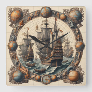 Ancient Dutch (Netherlands) Sailing Ships 3 Square Wall Clock