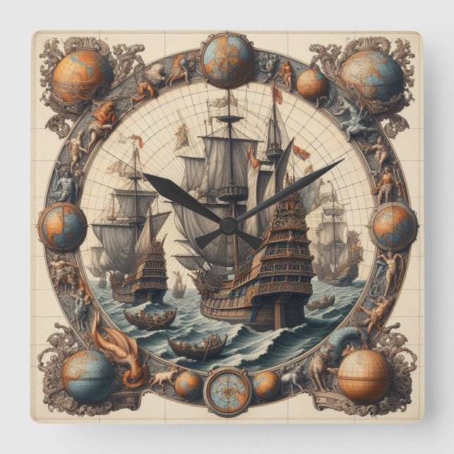 Ancient Dutch (Netherlands) Sailing Ships 3 Square Wall Clock (Front)