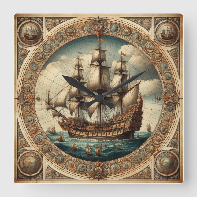 Ancient Dutch (Netherlands) Saling Ships 2 Square Wall Clock (Front)