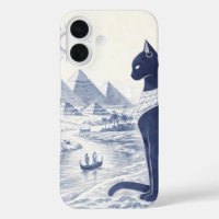 Ancient Egyptian Bastet Cat and Pyramids Blue 