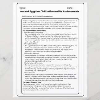 Ancient Egyptian Civilisation Worksheet