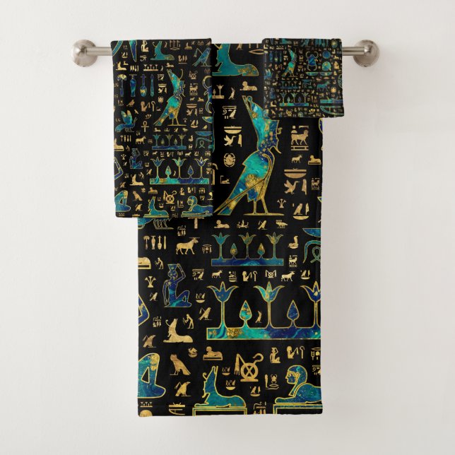 Ancient Egyptian hieroglyphics Marble and Gold Bath Towel Set (Insitu)