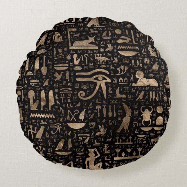 Ancient Egyptian hieroglyphs - Black and gold Round Cushion (Front)