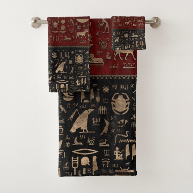Ancient Egyptian hieroglyphs - Black Red Leather Bath Towel Set (Insitu)