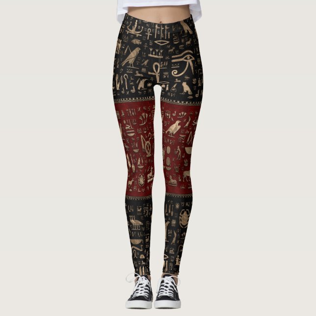 Ancient Egyptian hieroglyphs - Black Red Leather Leggings (Front)