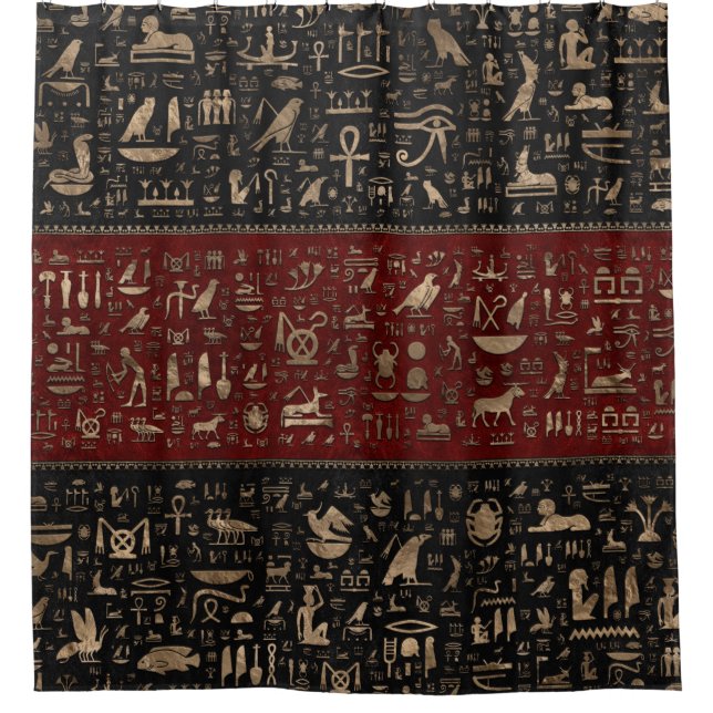 Ancient Egyptian hieroglyphs - Black Red Leather Shower Curtain (Front)