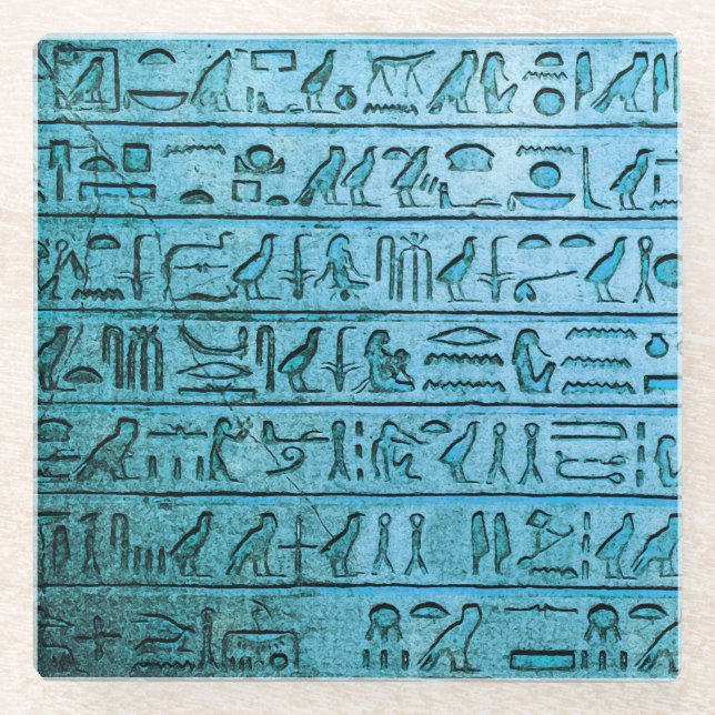 Ancient Egyptian Hieroglyphs Blue Glass Coaster (Front)