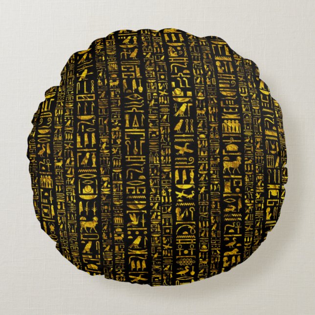 Ancient Egyptian hieroglyphs gold and black colour Round Cushion (Front)