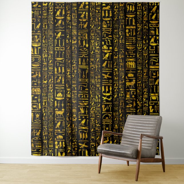 Ancient Egyptian hieroglyphs gold and black colour Tapestry (In Situ)
