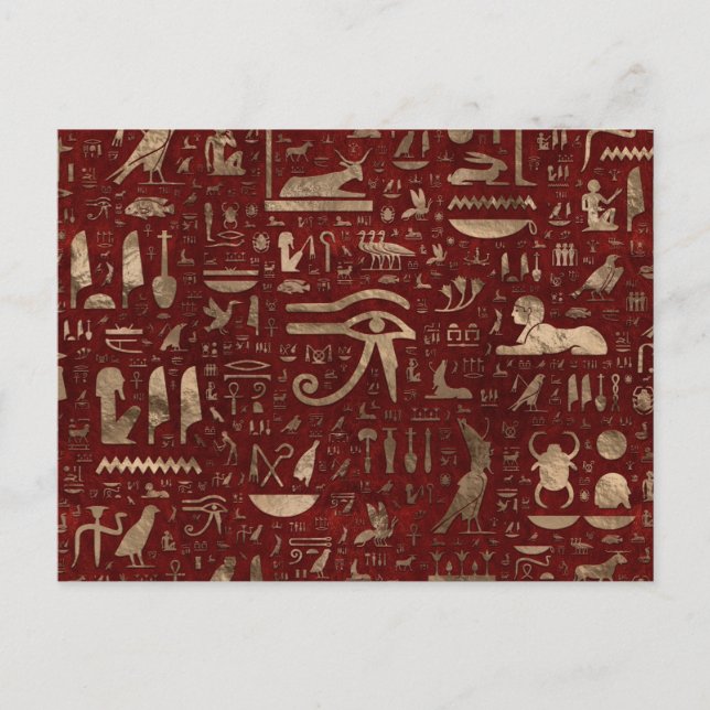 Ancient Egyptian hieroglyphs Red Leather and gold Postcard (Front)