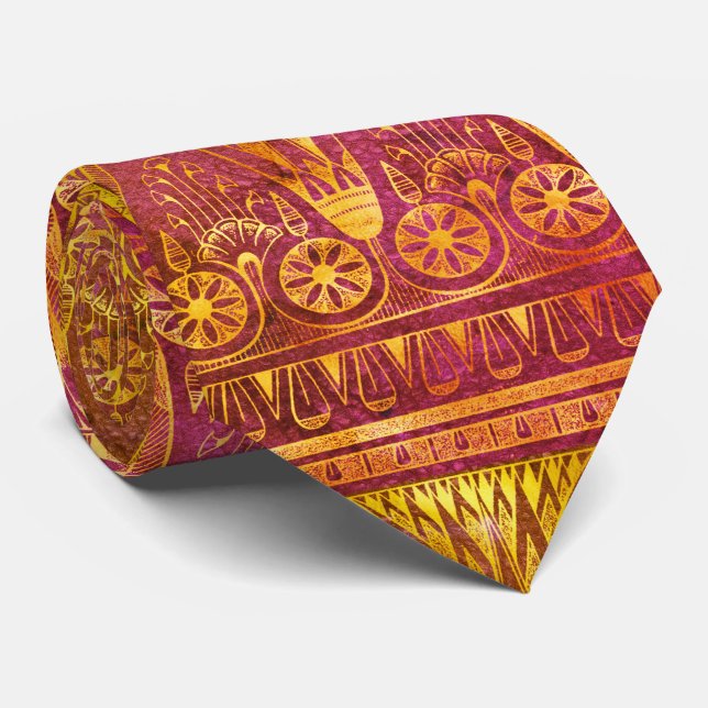 Ancient Egyptian Pattern In Orange & Yellow Gold Tie (Rolled)