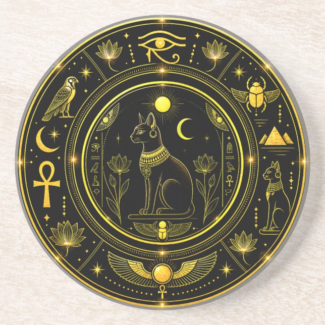Ancient Egyptian Symbols Black Gold Pattern Luxury Coaster (Front)