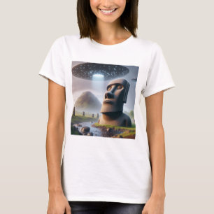 Ancient Encounter: Moai Statues and UFOs T-Shirt