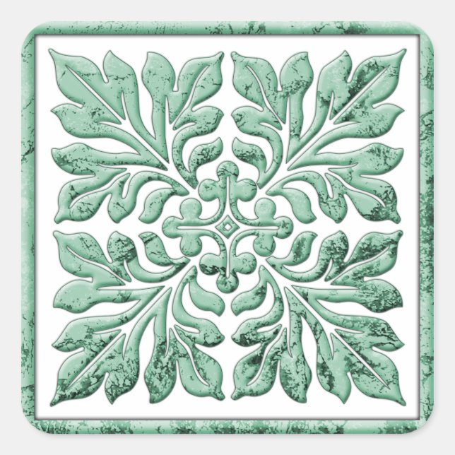 Ancient english tile cool faded green square sticker (Front)