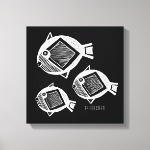 Ancient fish white ink black canvas