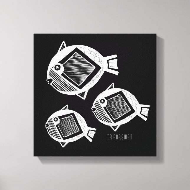 Ancient fish white ink black canvas (Front)
