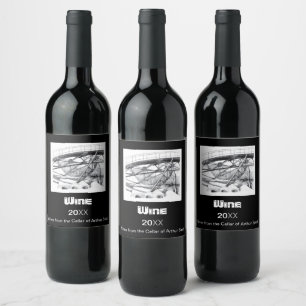 Ancient footbridge pencilart Monochrome Wine Label