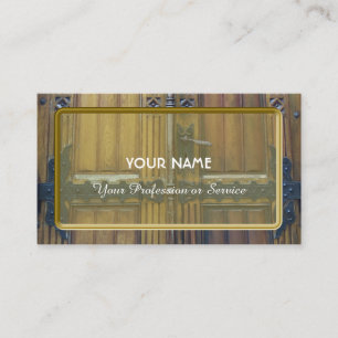 Ancient gate with small ironwork metal fittings bu business card