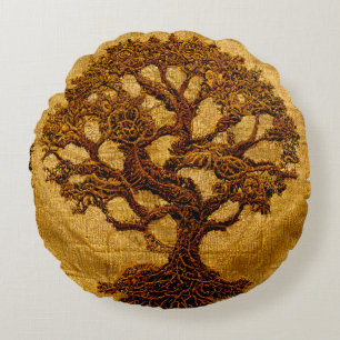 Ancient Gold  Brown Rustic Tree of LIfe by kedoki  Round Cushion