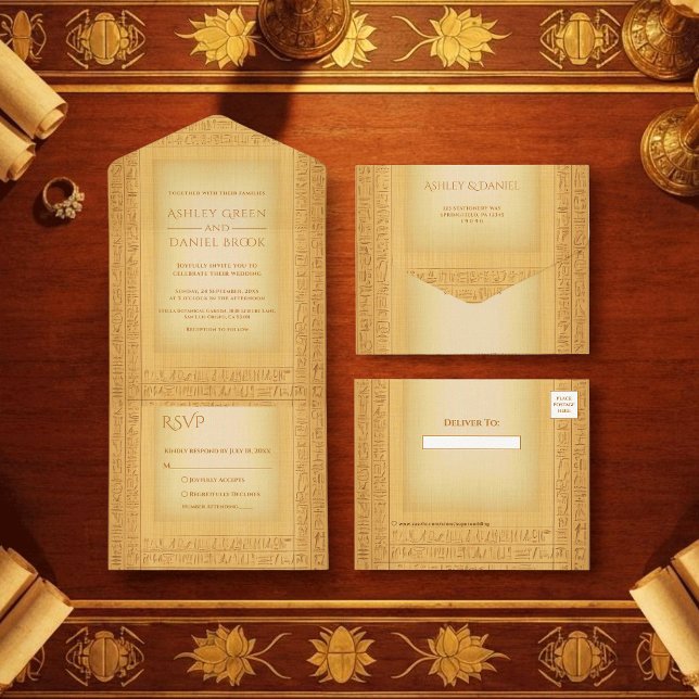 Ancient Gold Hieroglyphic Motifs Egyptian Wedding All In One Invitation (Creator Uploaded)