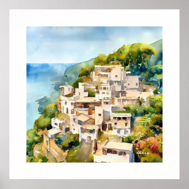 ANCIENT GREECE MOUNTAIN SIDE VILLAGE WATERCOLOR POSTER (Front)
