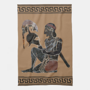 Ancient Greek hoplite looking at his helmet Tea Towel