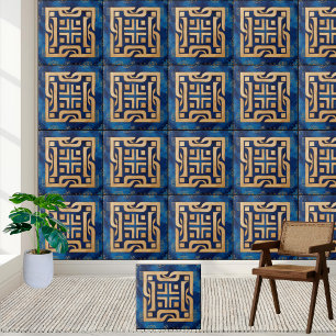 Ancient Greek Key Pattern Tile in Gold and Blue
