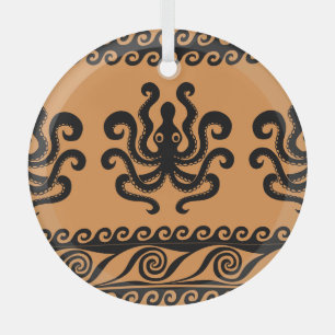 Ancient Greek octopus, wave pattern Glass Tree Decoration