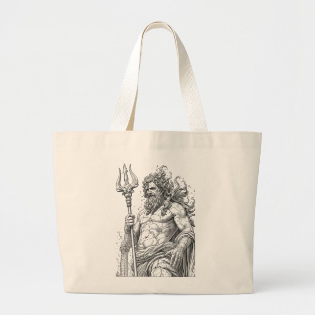 Ancient Greek Poseidon Stone Statue Graphic Large Tote Bag (Front)