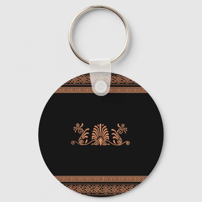 Ancient Greek Style Black and Orange Floral Design Key Ring (Front)