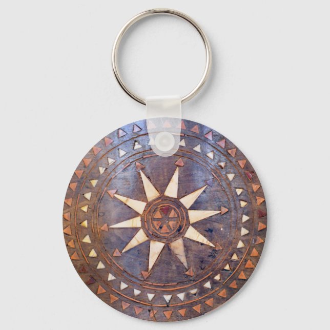 ancient greek symbol wood ethnic sun motif carved key ring (Front)