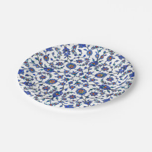 Ancient Handmade Blue Turkish Floral Tiles Pattern Paper Plate