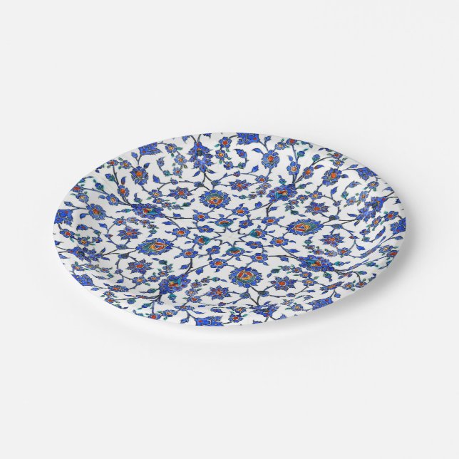 Ancient Handmade Blue Turkish Floral Tiles Pattern Paper Plate (Angled)