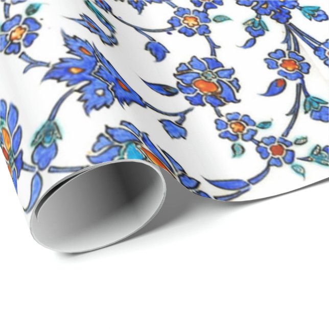 Ancient Handmade Blue Turkish Floral Tiles Pattern Wrapping Paper (Roll Corner)