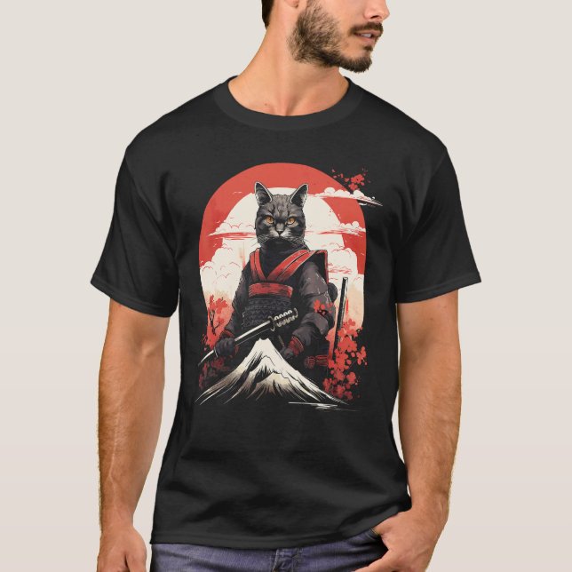 Ancient Japan Warrior Ninja Cat Samurai Kitty T-Shirt (Front)