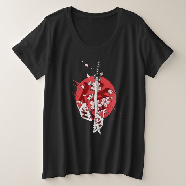 Ancient Japanese Samurai Katana Sword Cherry Bloss Plus Size T-Shirt (Design Front)