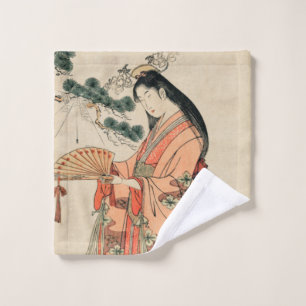 Ancient Japanese Wood Drawing with Woman Bath Towel Set