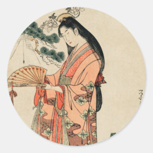 Ancient Japanese Wood Drawing with Woman Classic Round Sticker
