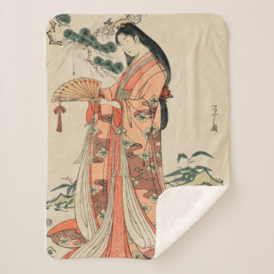 Ancient Japanese Wood Drawing with Woman Sherpa Blanket