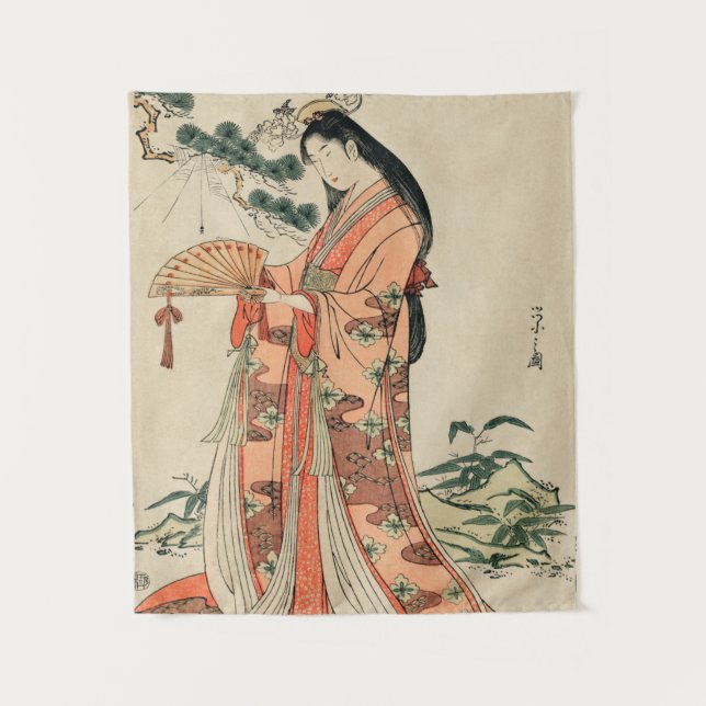 Ancient Japanese Wood Drawing with Woman Tapestry (Front)
