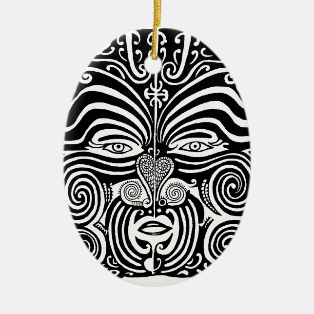 Ancient Maori Moko tribal tattoo design. Ceramic Tree Decoration (Front)