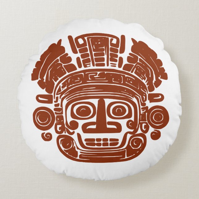 Ancient Mayan Sun God Mask Tribal Art Round Cushion (Front)