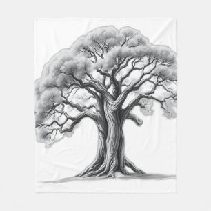 Ancient Oak Tree Charcoal Sketch Fleece Blanket