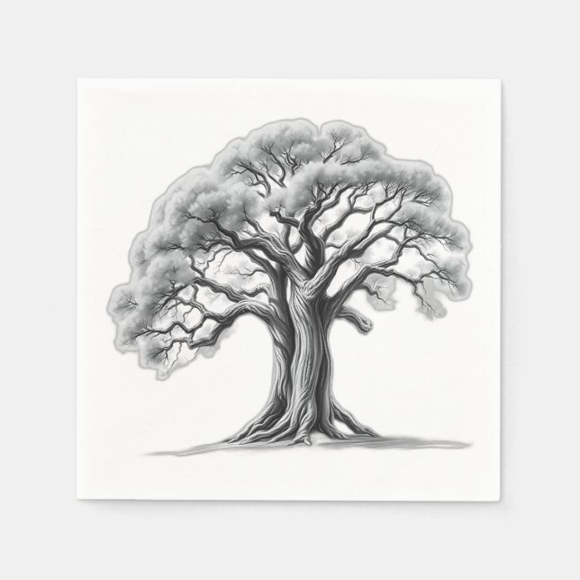 Ancient Oak Tree Charcoal Sketch Napkin (Front)