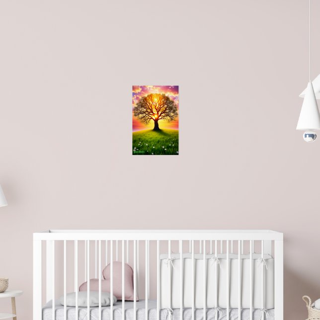 Ancient Oak Tree on Green Hill Sunset Poster (Nursery 2)