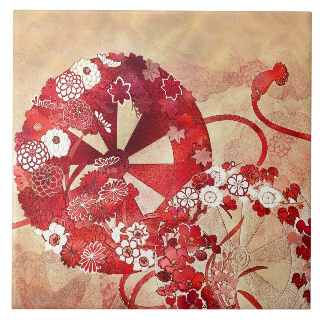 Ancient Orietal Fan & Flowers Tile (Front)